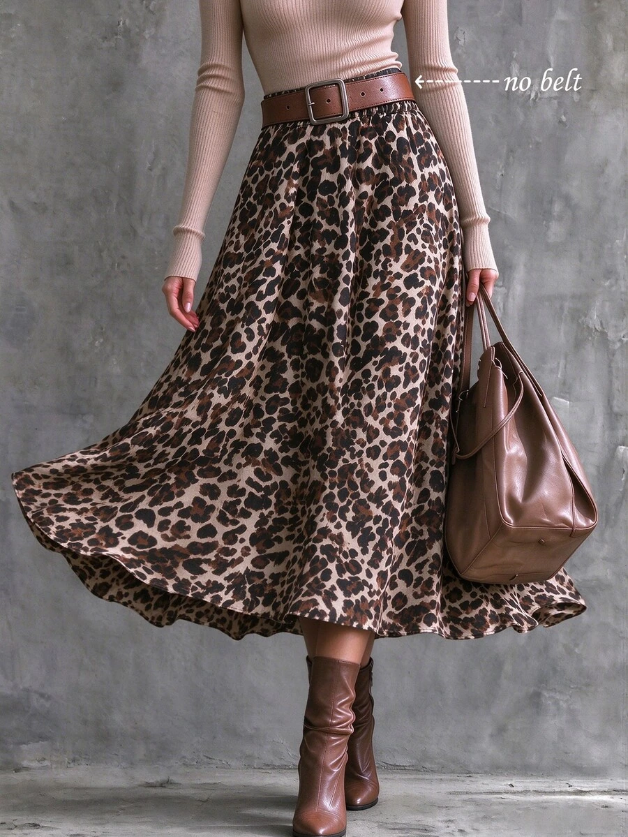 SHEIN Women's Leopard Print Loose Lantern Sleeve Satin Blouse, Sexy Vintage Style Spring/Autumn Shirt, Suitable For Date, Party, Commute Wear - Brown - View 1