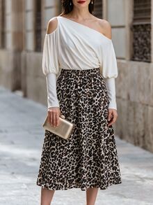 SHEIN Women's Leopard Print Loose Lantern Sleeve Satin Blouse, Sexy Vintage Style Spring/Autumn Shirt, Suitable For Date, Party, Commute Wear - Brown - View 3