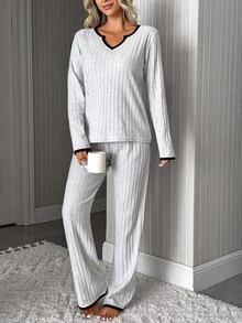 SHEIN Women's Contrast Binding Notch Neck Ribbed Long Sleeve Top And Straight Leg Pants 2 Pieces Casual Modest Lounge Sleep Light Grey Autumn - Light Grey - View 3