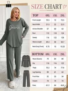 SHEIN Plus Size Women 2 Pcs Grey Black Rib Knitted Slogan Lettered Printed Round Neck Long Sleeved Shirt Lounge Night - Dark Green - View 5