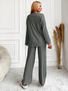 SHEIN Plus Size Women 2 Pcs Grey Black Rib Knitted Slogan Lettered Printed Round Neck Long Sleeved Shirt Lounge Night - Dark Green - View 2