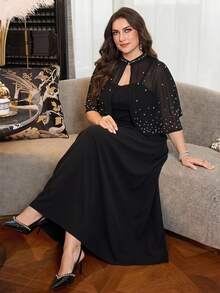 Modelyn Plus Size Women Rhinestone Design Short Sleeve Top And Cami Dress Elegant 2 Pieces Set - Black - View 3