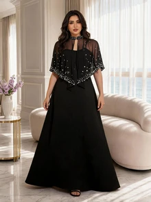 Modelyn Plus Size Women Rhinestone Design Short Sleeve Top And Cami Dress Elegant 2 Pieces Set - Black - View 1