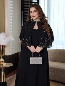 Modelyn Plus Size Women Rhinestone Design Short Sleeve Top And Cami Dress Elegant 2 Pieces Set - Black - View 5
