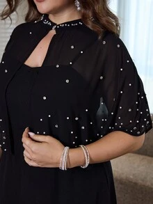 Modelyn Plus Size Women Rhinestone Design Short Sleeve Top And Cami Dress Elegant 2 Pieces Set - Black - View 6