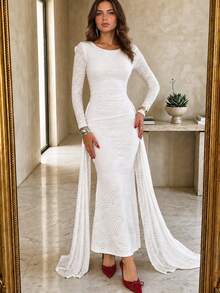 Lucivie Women's Elegant Sexy Casual Minimal White Daily Dinner Formal Gown Subtle Streaky Emboss Texture Side Flowy Split Layer Waist Ruche Wedding Autumn - White - View 4