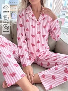 SHEIN Pink Stripe Heart Print Button Front Long Sleeve Lapel Collar Pajama Set - Pink - View 2