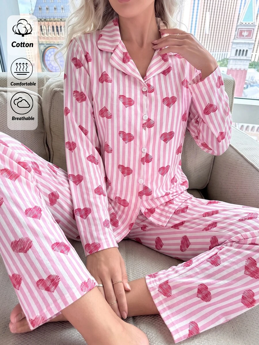 SHEIN Pink Stripe Heart Print Button Front Long Sleeve Lapel Collar Pajama Set