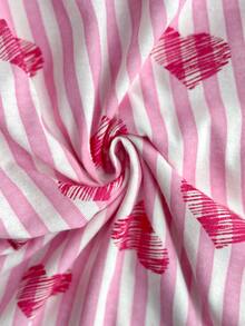 SHEIN Pink Stripe Heart Print Button Front Long Sleeve Lapel Collar Pajama Set - Pink - View 9