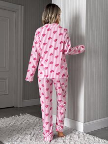 SHEIN Pink Stripe Heart Print Button Front Long Sleeve Lapel Collar Pajama Set - Pink - View 3