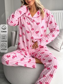 SHEIN Pink Stripe Heart Print Button Front Long Sleeve Lapel Collar Pajama Set - Pink - View 7