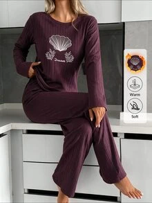 SHEIN Women Sea-Inspired Shell Embroidery Ribbed Long Sleeve Pajama Set - Burgundy - View 1