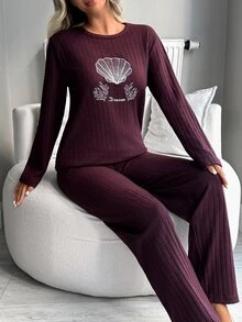 SHEIN Women Sea-Inspired Shell Embroidery Ribbed Long Sleeve Pajama Set - Burgundy - View 8