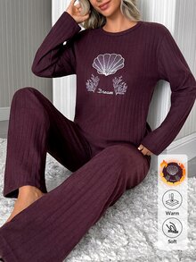 SHEIN Women Sea-Inspired Shell Embroidery Ribbed Long Sleeve Pajama Set - Burgundy - View 7
