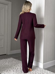 SHEIN Women Sea-Inspired Shell Embroidery Ribbed Long Sleeve Pajama Set - Burgundy - View 2