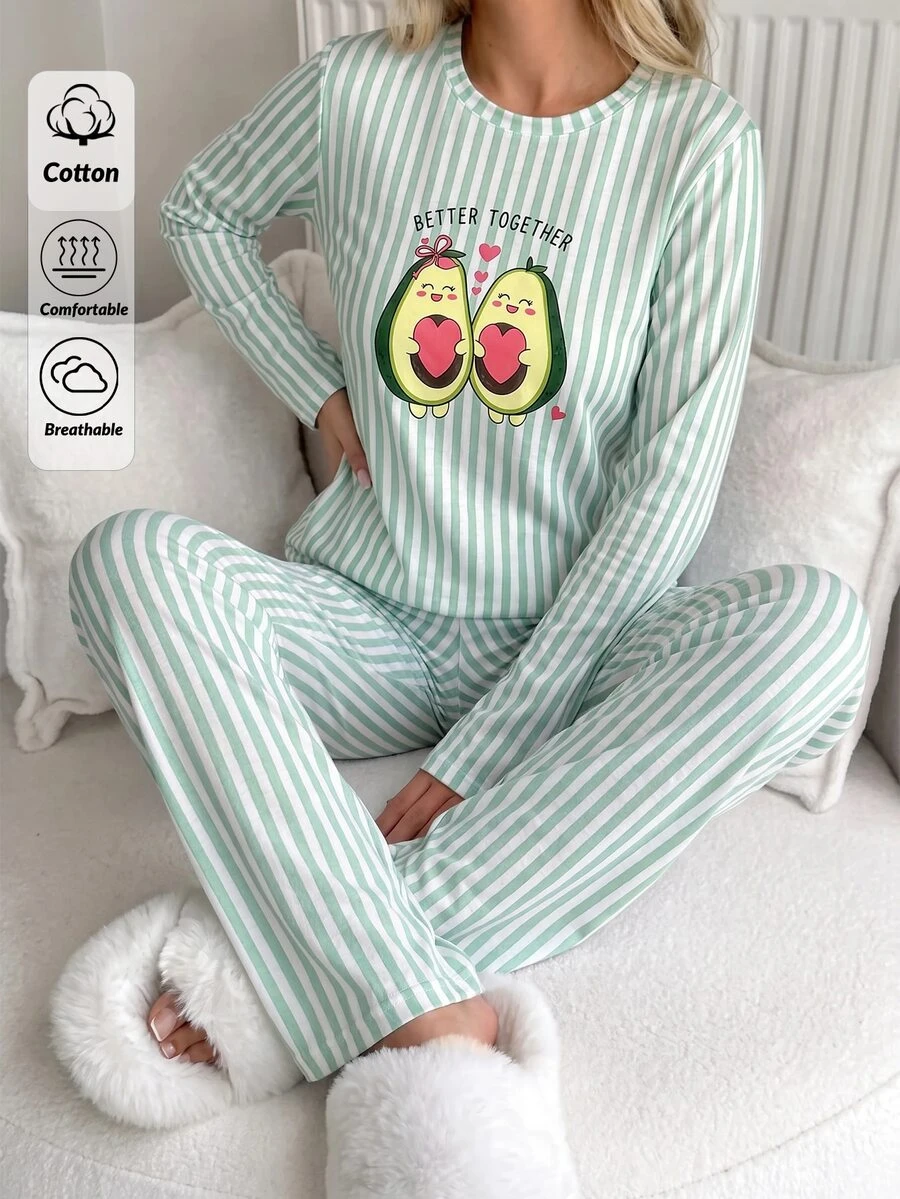 SHEIN Cute Avocado Graphic Vertical Stripe Long Sleeve Pajama Set For Women Soft Comfortable Home Sleepwear Set - Green - View 1