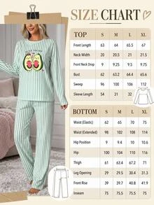SHEIN Cute Avocado Graphic Vertical Stripe Long Sleeve Pajama Set For Women Soft Comfortable Home Sleepwear Set - Green - View 5