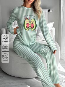 SHEIN Cute Avocado Graphic Vertical Stripe Long Sleeve Pajama Set For Women Soft Comfortable Home Sleepwear Set - Green - View 7