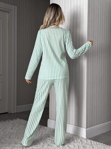 SHEIN Cute Avocado Graphic Vertical Stripe Long Sleeve Pajama Set For Women Soft Comfortable Home Sleepwear Set - Green - View 2