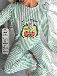 SHEIN Cute Avocado Graphic Vertical Stripe Long Sleeve Pajama Set For Women Soft Comfortable Home Sleepwear Set - Green - View 4