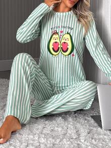 SHEIN Cute Avocado Graphic Vertical Stripe Long Sleeve Pajama Set For Women Soft Comfortable Home Sleepwear Set - Green - View 6