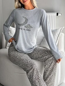 SHEIN Time To Sleep Moon & Cloud Graphic Top And Leopard Print Pants Pajama Set For Women - Grey - View 8