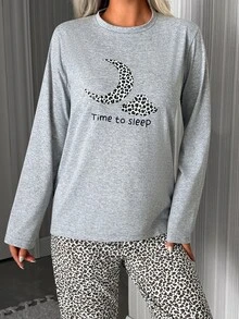 SHEIN Time To Sleep Moon & Cloud Graphic Top And Leopard Print Pants Pajama Set For Women - Grey - View 5