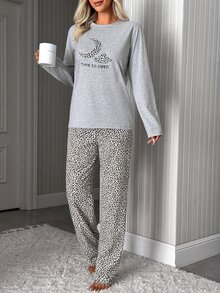 SHEIN Time To Sleep Moon & Cloud Graphic Top And Leopard Print Pants Pajama Set For Women - Grey - View 4