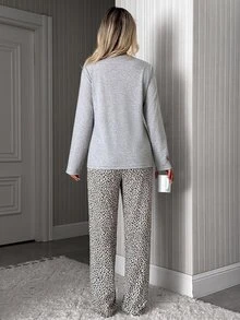 SHEIN Time To Sleep Moon & Cloud Graphic Top And Leopard Print Pants Pajama Set For Women - Grey - View 3