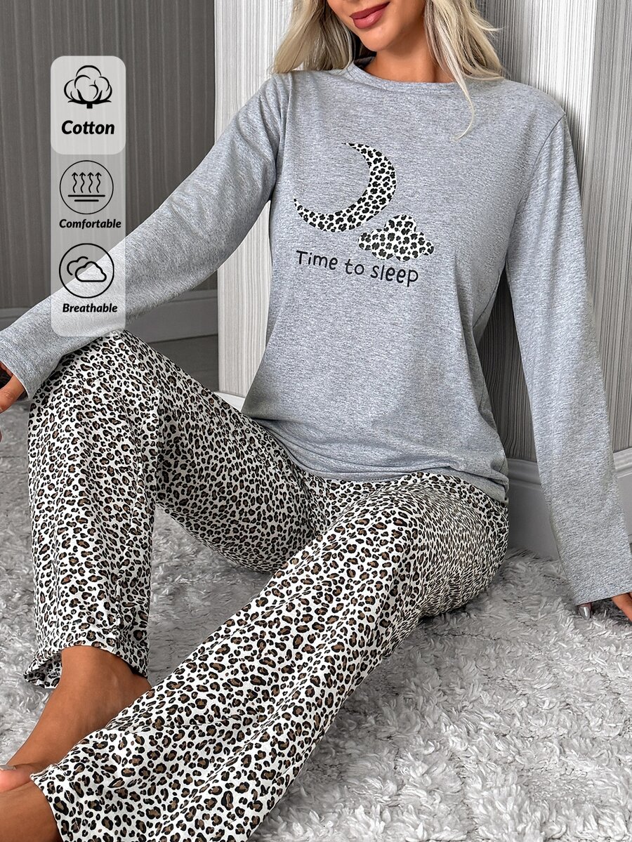 SHEIN Time To Sleep Moon & Cloud Graphic Top And Leopard Print Pants Pajama Set For Women