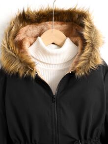 Tween Girl Autumn/Winter Thickened Kids Long Coat Faux Fur Patchwork Hooded Fleece Lining With Waist Belt Zipper Essential Versatile Parka Jacket - Black - View 5