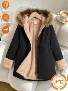 Tween Girl Autumn/Winter Thickened Kids Long Coat Faux Fur Patchwork Hooded Fleece Lining With Waist Belt Zipper Essential Versatile Parka Jacket - Black - View 1