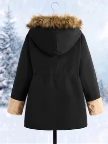 Tween Girl Autumn/Winter Thickened Kids Long Coat Faux Fur Patchwork Hooded Fleece Lining With Waist Belt Zipper Essential Versatile Parka Jacket - Black - View 9