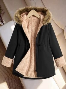 Tween Girl Autumn/Winter Thickened Kids Long Coat Faux Fur Patchwork Hooded Fleece Lining With Waist Belt Zipper Essential Versatile Parka Jacket - Black - View 8