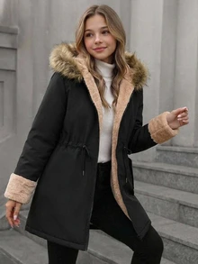 Tween Girl Autumn/Winter Thickened Kids Long Coat Faux Fur Patchwork Hooded Fleece Lining With Waist Belt Zipper Essential Versatile Parka Jacket - Black - View 2