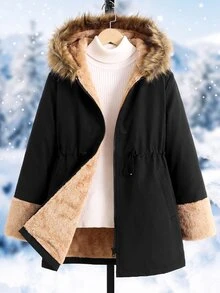 Tween Girl Autumn/Winter Thickened Kids Long Coat Faux Fur Patchwork Hooded Fleece Lining With Waist Belt Zipper Essential Versatile Parka Jacket - Black - View 3