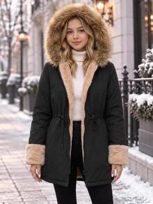 Tween Girl Autumn/Winter Thickened Kids Long Coat Faux Fur Patchwork Hooded Fleece Lining With Waist Belt Zipper Essential Versatile Parka Jacket - Black - View 10