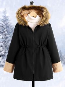 Tween Girl Autumn/Winter Thickened Kids Long Coat Faux Fur Patchwork Hooded Fleece Lining With Waist Belt Zipper Essential Versatile Parka Jacket - Black - View 6