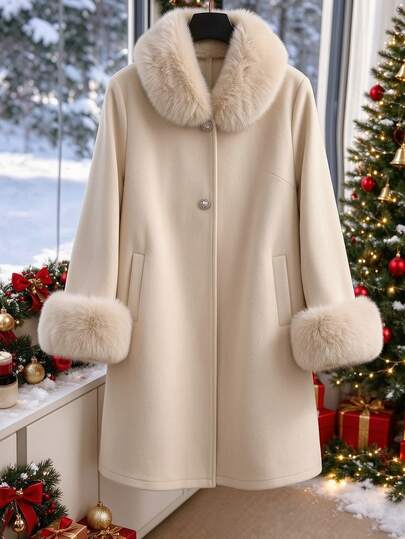 GlowEve CURVE 2026 Fall Plus Size Women's Elegant Luxurious Faux Fur Patchwork Rhinestone Button Wool Coat Suitable For Daily Commutes Evening Events Office Beige