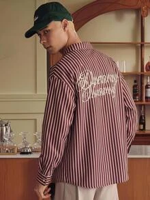 SWAVVY 1pc Ultra Loose Striped Print Drop Shoulder Shirt - Burgundy - View 1