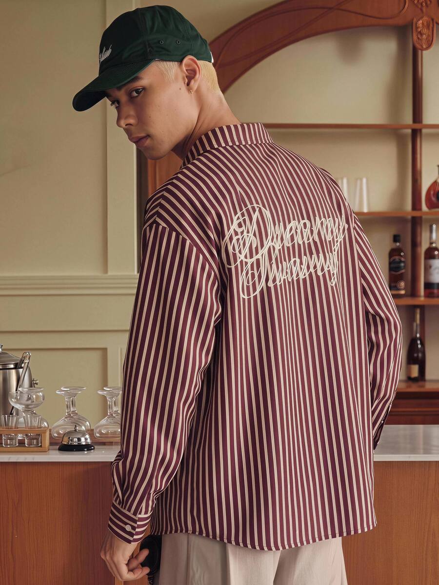 SWAVVY 1pc Ultra Loose Striped Print Drop Shoulder Shirt - Burgundy - View 1