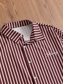 SWAVVY 1pc Ultra Loose Striped Print Drop Shoulder Shirt - Burgundy - View 4