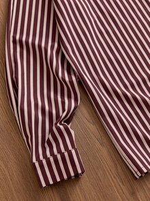 SWAVVY 1pc Ultra Loose Striped Print Drop Shoulder Shirt - Burgundy - View 5