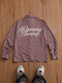 SWAVVY 1pc Ultra Loose Striped Print Drop Shoulder Shirt - Burgundy - View 2