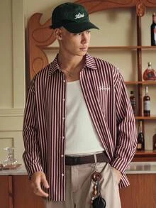 SWAVVY 1pc Ultra Loose Striped Print Drop Shoulder Shirt - Burgundy - View 8