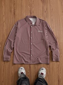 SWAVVY 1pc Ultra Loose Striped Print Drop Shoulder Shirt - Burgundy - View 3
