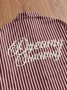 SWAVVY 1pc Ultra Loose Striped Print Drop Shoulder Shirt - Burgundy - View 6
