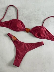 Oceva 2pcs/Set Solid Color Stone Decor Elegant Women Swimwear Set, Spring/Summer - Burgundy - View 6