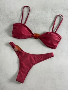 Oceva 2pcs/Set Solid Color Stone Decor Elegant Women Swimwear Set, Spring/Summer - Burgundy - View 5