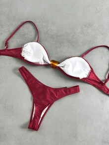 Oceva 2pcs/Set Solid Color Stone Decor Elegant Women Swimwear Set, Spring/Summer - Burgundy - View 3